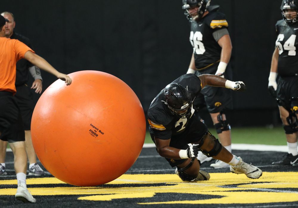 Iowa Hawkeyes offensive lineman Tristan Wirfs (74) during Fall Camp Practice No. 16 Tuesday, August 20, 2019 at the Ronald D. and Margaret L. Kenyon Football Practice Facility. (Brian Ray/hawkeyesports.com)