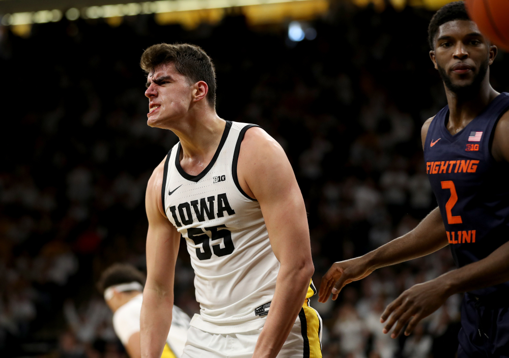 Iowa Hawkeyes forward Luka Garza (55) celebrates after making a basket against the Illinois Fighting Illini Sunday, February 2, 2020 at Carver-Hawkeye Arena. (Brian Ray/hawkeyesports.com)