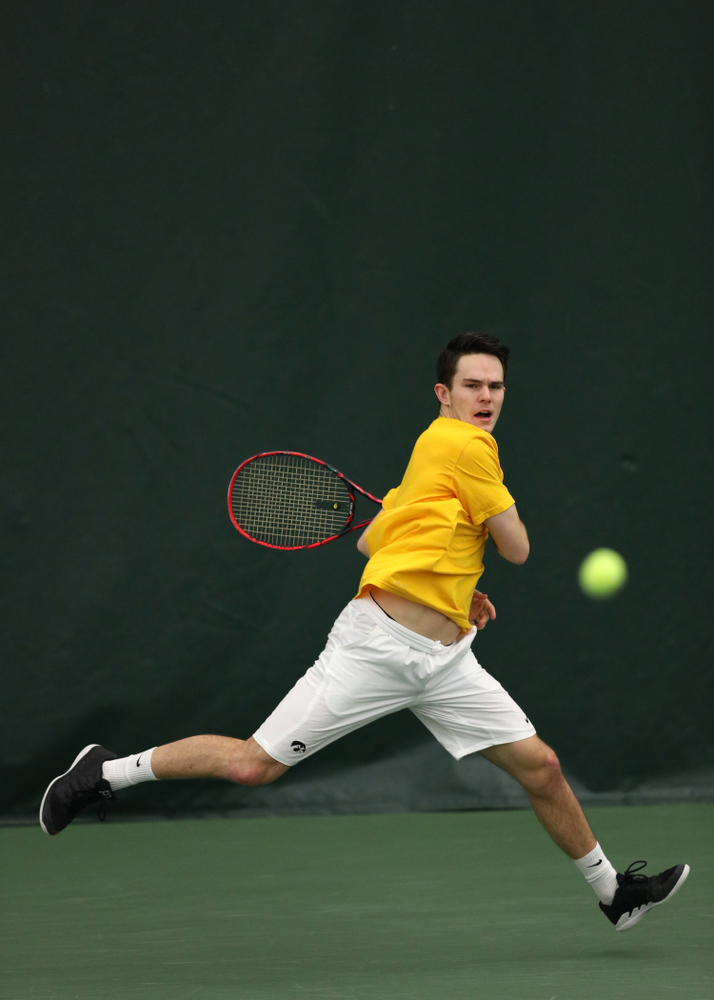 Jonas Larsen against Utah Sunday, February 10, 2019 at the Hawkeye Tennis and Recreation Complex. (Brian Ray/hawkeyesports.com)