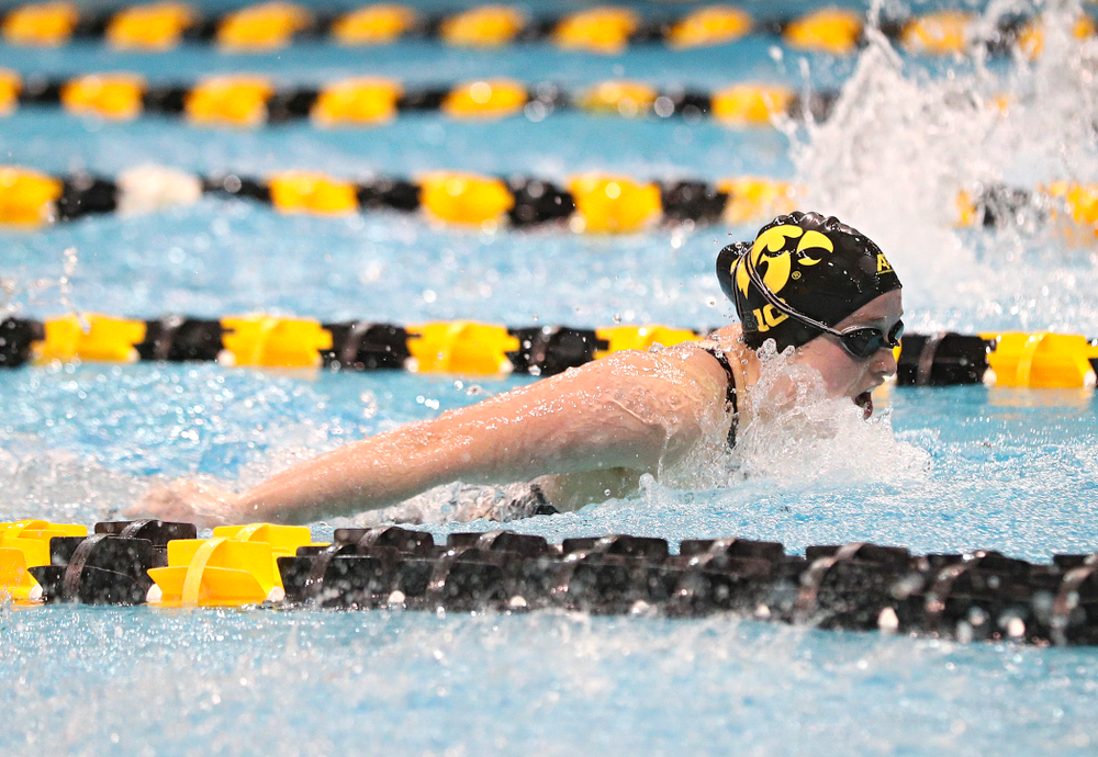 Iowa’s Kelsey Drake swims the women’s 200 yard butterfly consolation final event during the 2020 Women’s Big Ten Swimming and Diving Championships at the Campus Recreation and Wellness Center in Iowa City on Saturday, February 22, 2020. (Stephen Mally/hawkeyesports.com)