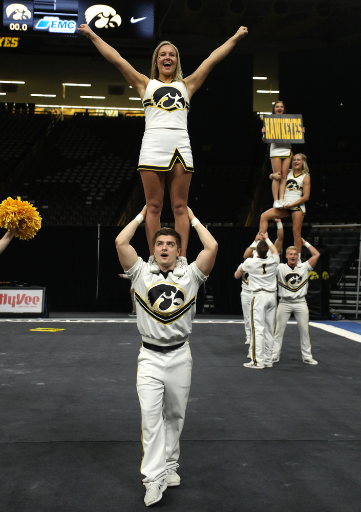 The Iowa Cheerleaders perform before the Iowa Women's Gymnastics meet against Southeast Missouri State Friday, January 11, 2019 at Carver-Hawkeye Arena. (Brian Ray/hawkeyesports.com)