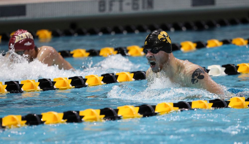 Iowa's Tanner Nelson competes in the 200-yard breaststroke during a meet against Michigan and Denver at the Campus Recreation and Wellness Center on November 3, 2018. (Tork Mason/hawkeyesports.com)