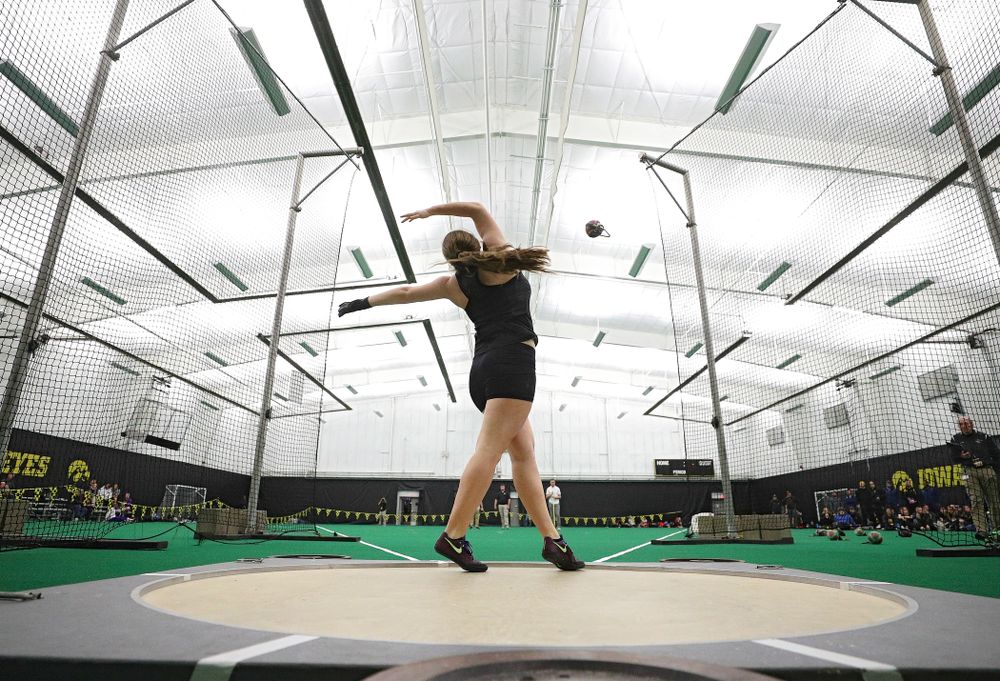 Iowa’s Amanda Howe throws in the women’s weight throw event during the Hawkeye Invitational at the Hawkeye Tennis and Recreation Complex in Iowa City on Friday, January 10, 2020. (Stephen Mally/hawkeyesports.com)