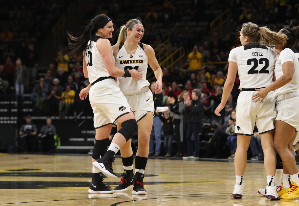 Iowa Hawkeyes forward Megan Gustafson (10) and forward Hannah Stewart (21) against the Purdue Boilermakers Sunday, January 27, 2019 at Carver-Hawkeye Arena. (Brian Ray/hawkeyesports.com)