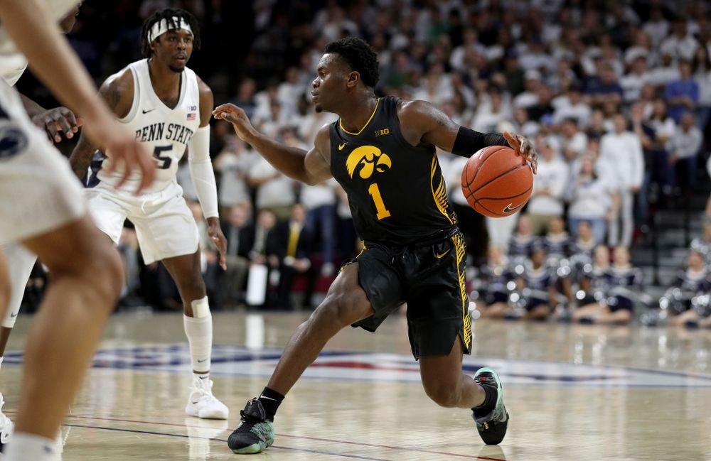 Iowa Hawkeyes guard Joe Toussaint (1) against Penn State Saturday, January 4, 2020 at the Palestra in Philadelphia. (Brian Ray/hawkeyesports.com)