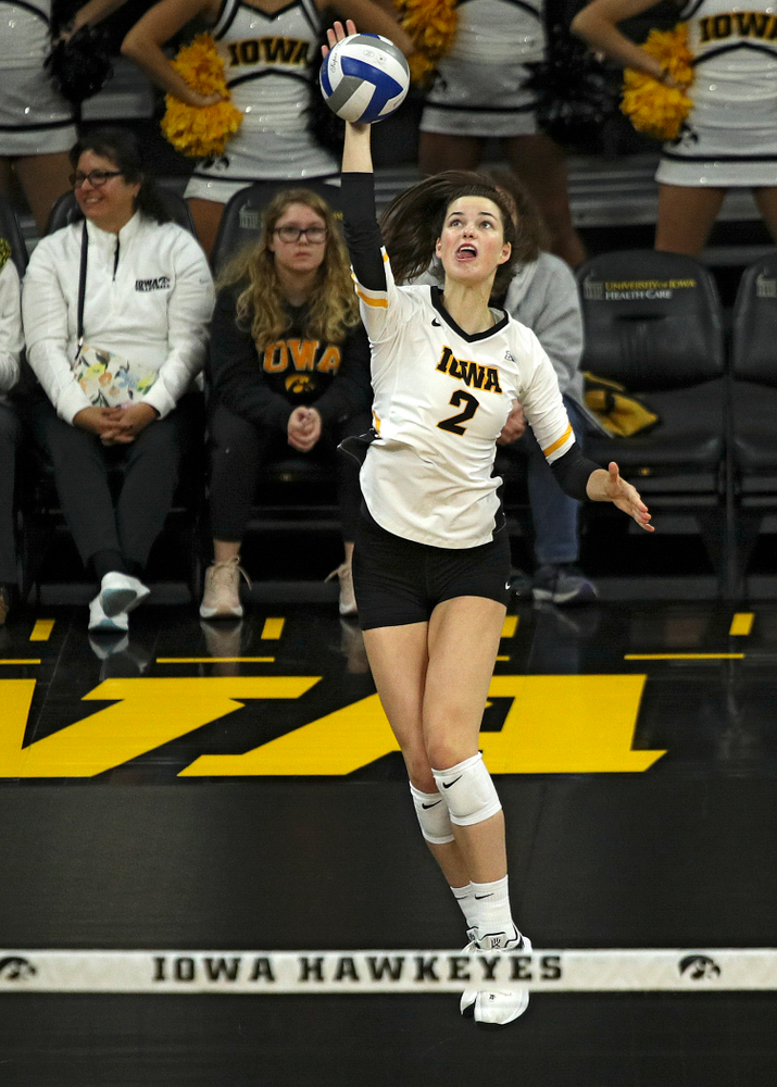 Iowa’s Courtney Buzzerio (2) lines up an ace serve during the second set of their match against Nebraska at Carver-Hawkeye Arena in Iowa City on Saturday, Nov 9, 2019. (Stephen Mally/hawkeyesports.com)