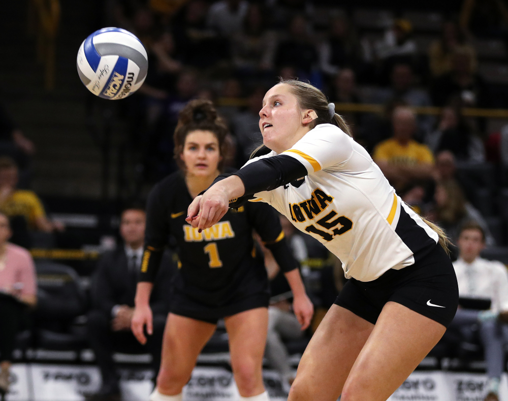 Iowa Hawkeyes defensive specialist Maddie Slagle (15) against the Ohio State Buckeyes Saturday, November 24, 2018 at Carver-Hawkeye Arena. (Brian Ray/hawkeyesports.com)