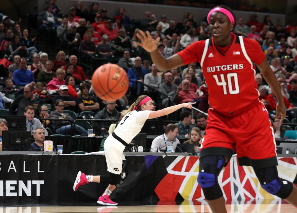 Iowa Hawkeyes guard Makenzie Meyer (3) against the Rutgers Scarlet Knights in the semi-finals of the Big Ten Tournament Saturday, March 9, 2019 at Bankers Life Fieldhouse in Indianapolis, Ind. (Brian Ray/hawkeyesports.com)