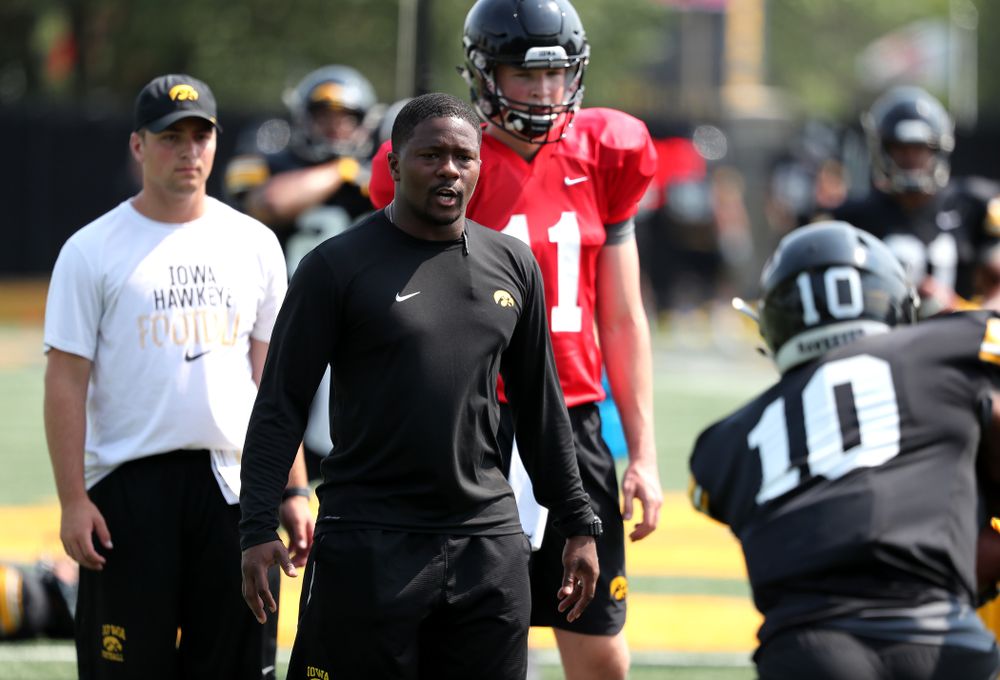 Iowa Hawkeyes running backs coach Derrick Foster during the third practice of fall camp Sunday, August 5, 2018 at the Kenyon Football Practice Facility. (Brian Ray/hawkeyesports.com)