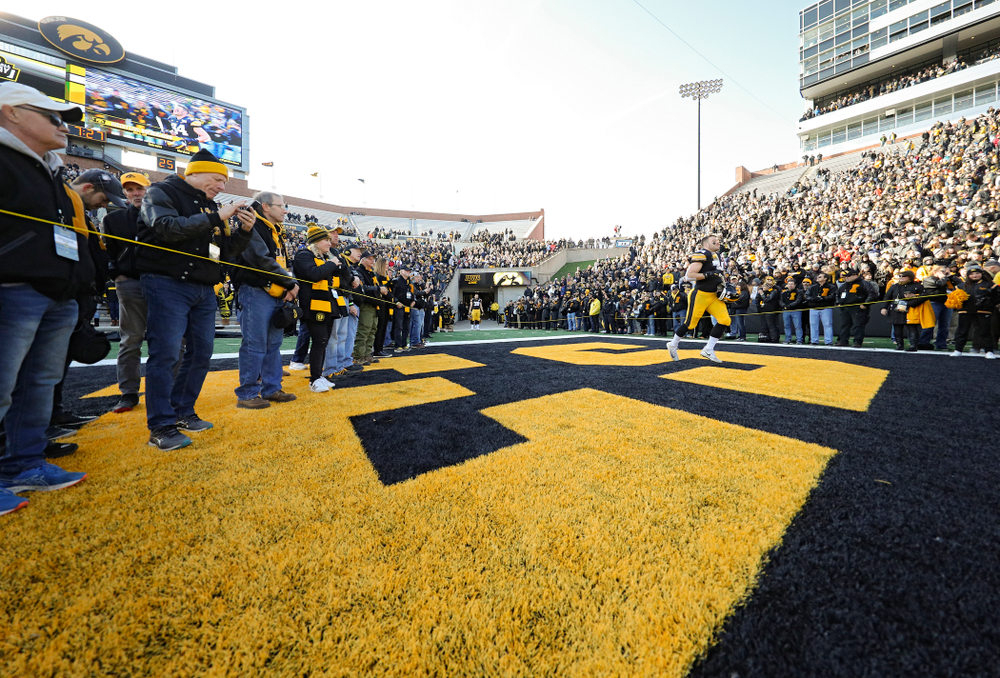 Iowa Hawkeyes linebacker Kristian Welch (34) is acknowledged on senior day before their game at Kinnick Stadium in Iowa City on Saturday, Nov 23, 2019. (Stephen Mally/hawkeyesports.com)