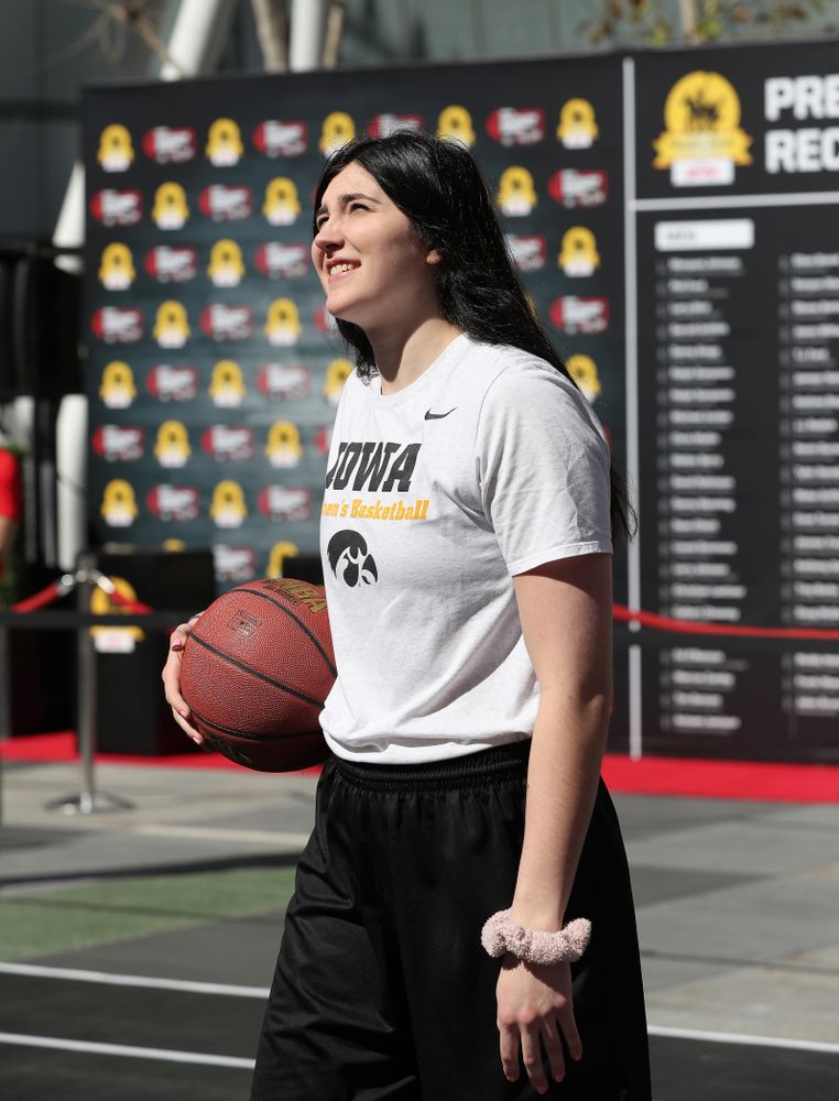 Iowa Hawkeyes forward Megan Gustafson (10) during a Special Olympics event Friday, April 12, 2019 as part of the ESPN College Basketball Awards in the XBOX Plaza at LA Live. (Brian Ray/hawkeyesports.com)