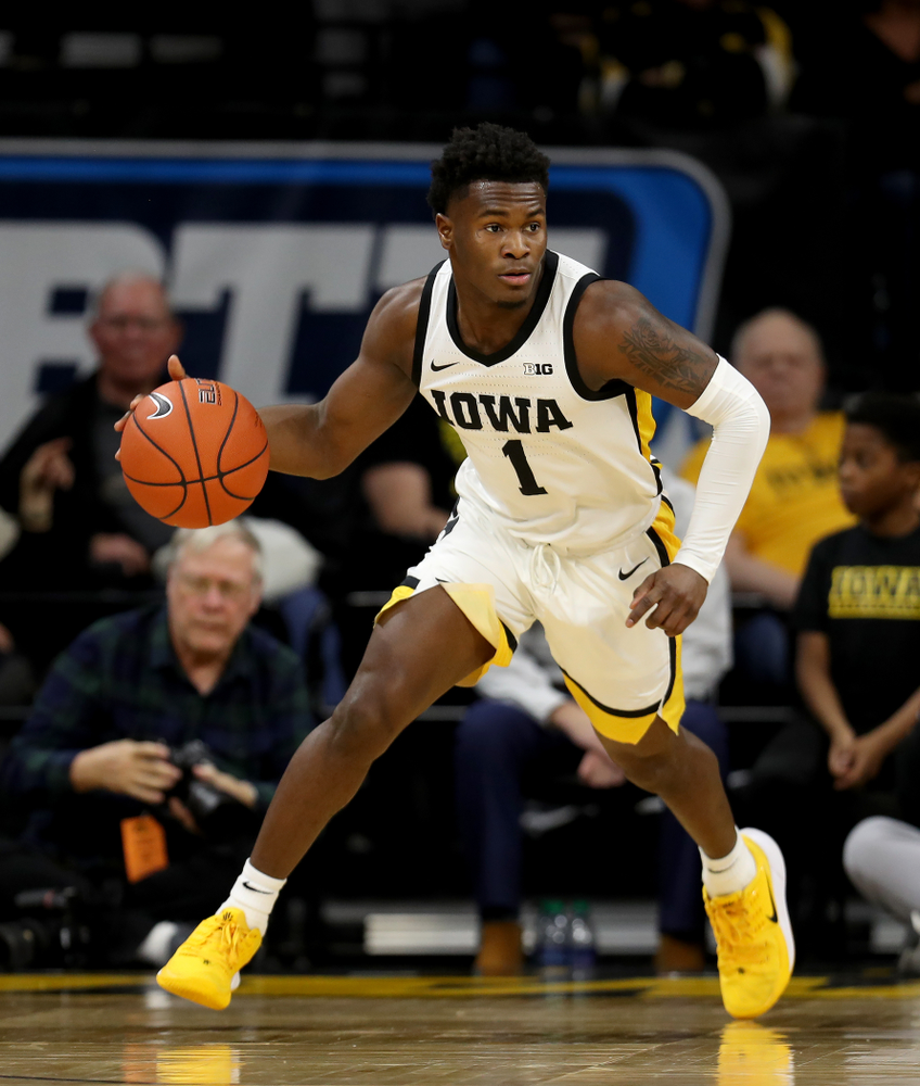 Iowa Hawkeyes guard Joe Toussaint (1) against the Minnesota Golden Gophers Monday, December 9, 2019 at Carver-Hawkeye Arena. (Brian Ray/hawkeyesports.com)