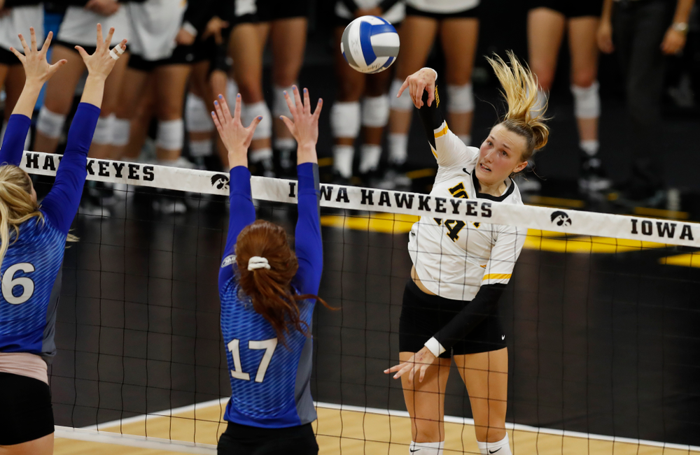 Iowa Hawkeyes outside hitter Cali Hoye (14) against Eastern Illinois Sunday, September 9, 2018 at Carver-Hawkeye Arena. (Brian Ray/hawkeyesports.com)