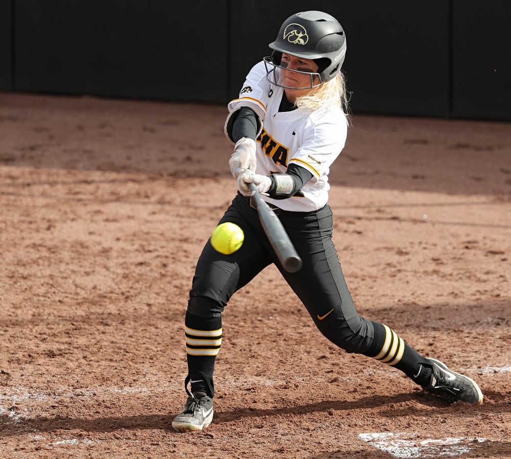 Iowa center fielder Havyn Monteer (21) bats during the third inning of their game against Illinois at Pearl Field in Iowa City on Friday, Apr. 12, 2019. (Stephen Mally/hawkeyesports.com)