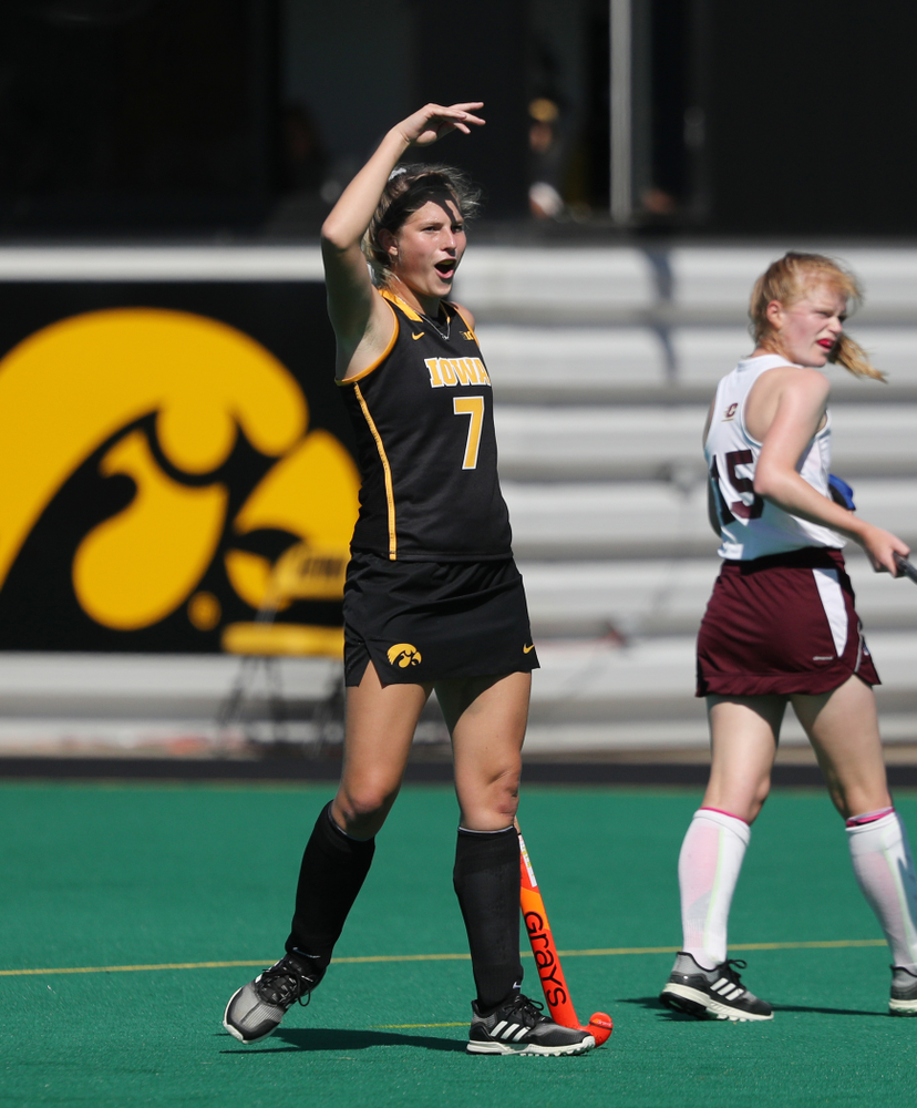 Iowa Hawkeyes Ellie Holley (7) celebrates a goal against Central Michigan Friday, September 6, 2019 at Grant Field. The Hawkeyes won the game 11-0. (Brian Ray/hawkeyesports.com)