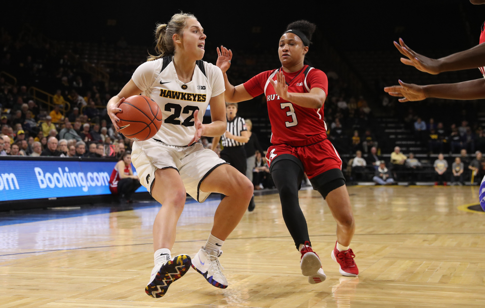 Iowa Hawkeyes guard Kathleen Doyle (22) against the Rutgers Scarlet Knights Wednesday, January 23, 2019 at Carver-Hawkeye Arena. (Brian Ray/hawkeyesports.com)