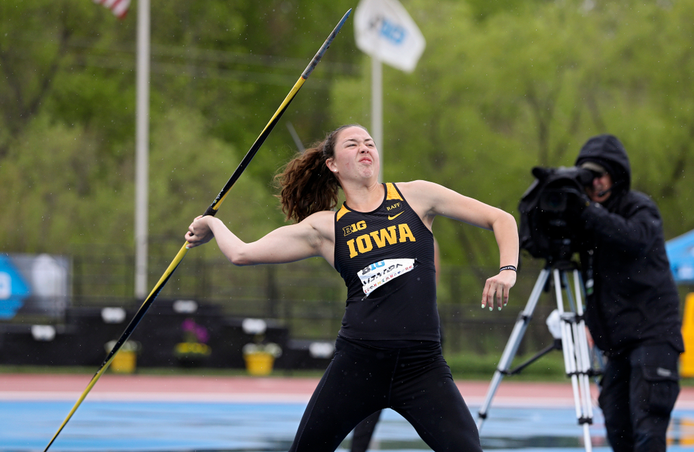 Iowa's Jenny Kimbro throws in the women’s javelin in the heptathlon event on the second day of the Big Ten Outdoor Track and Field Championships at Francis X. Cretzmeyer Track in Iowa City on Saturday, May. 11, 2019. (Stephen Mally/hawkeyesports.com)
