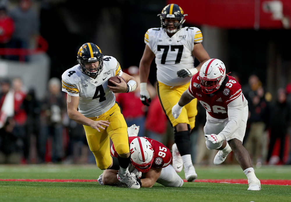 Iowa Hawkeyes quarterback Nate Stanley (4) against the Nebraska Cornhuskers Friday, November 29, 2019 at Memorial Stadium in Lincoln, Neb. (Brian Ray/hawkeyesports.com)