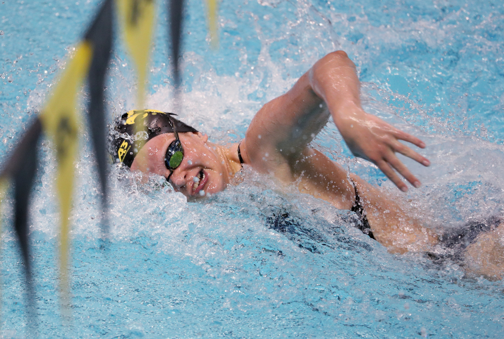 IowaÕs Sarah Schemmel swims the freestyle leg of the 200 Medley Relay against Notre Dame and Illinois Saturday, January 11, 2020 at the Campus Recreation and Wellness Center. (Brian Ray/hawkeyesports.com)