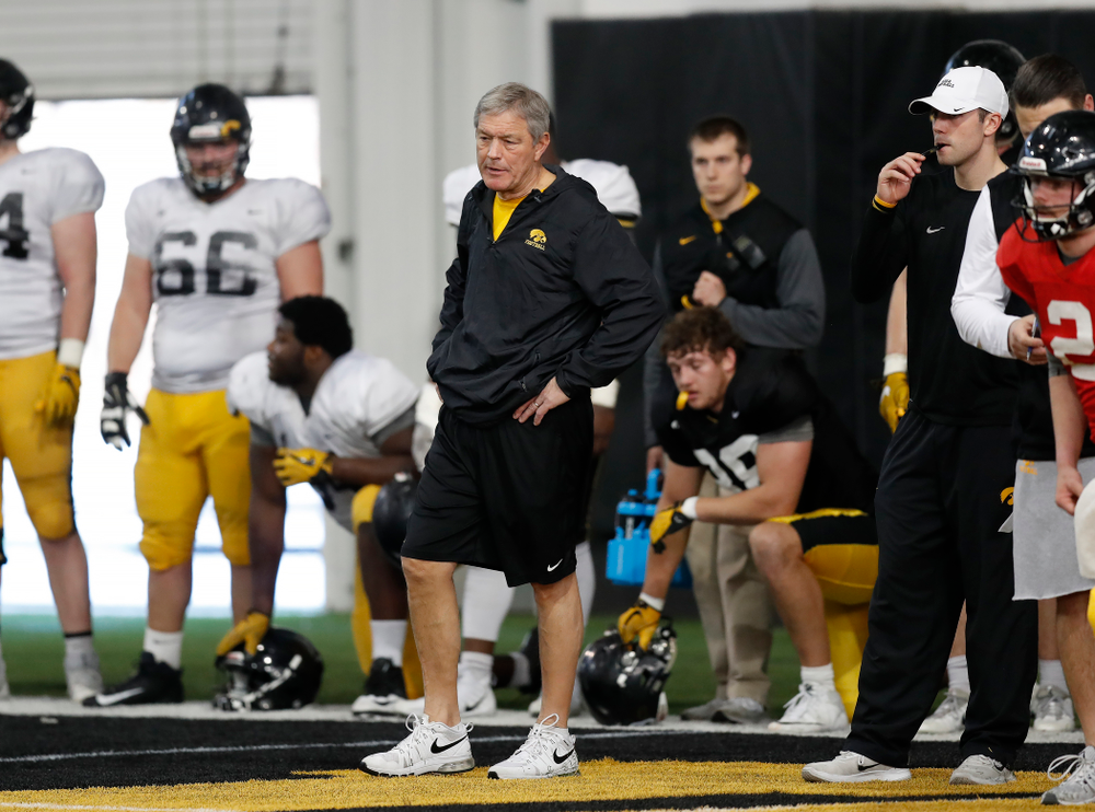 Iowa Hawkeyes head coach Kirk Ferentz during spring practice Wednesday, March 28, 2018 at the Hansen Football Performance Center. (Brian Ray/hawkeyesports.com)