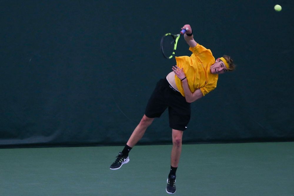 Iowa's Nikita Snezhko at a tennis match vs Drake Friday, March 8, 2019 at the Hawkeye Tennis and Recreation Complex. (Lily Smith/hawkeyesports.com)