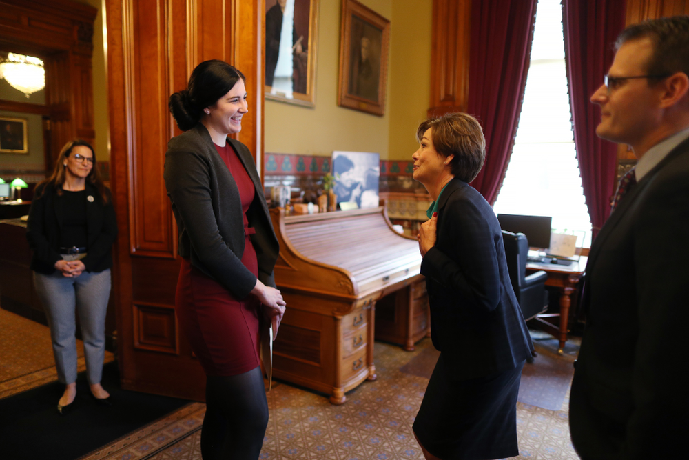 Iowa’s Megan Gustafson meets with Governor Kim Reynolds and Lt. Governor Adam Gregg at the Iowa State Capitol Wednesday, April 24, 2019 in Des Moines. (Brian Ray/hawkeyesports.com)