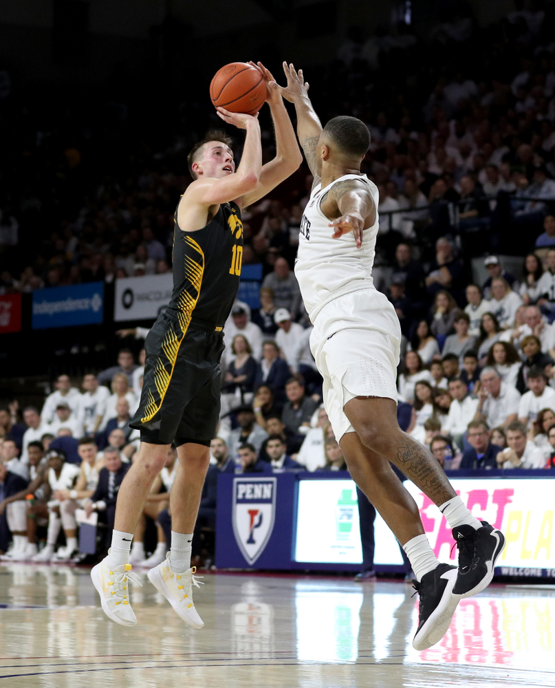 Iowa Hawkeyes guard Joe Wieskamp (10) against Penn State Saturday, January 4, 2020 at the Palestra in Philadelphia. (Brian Ray/hawkeyesports.com)