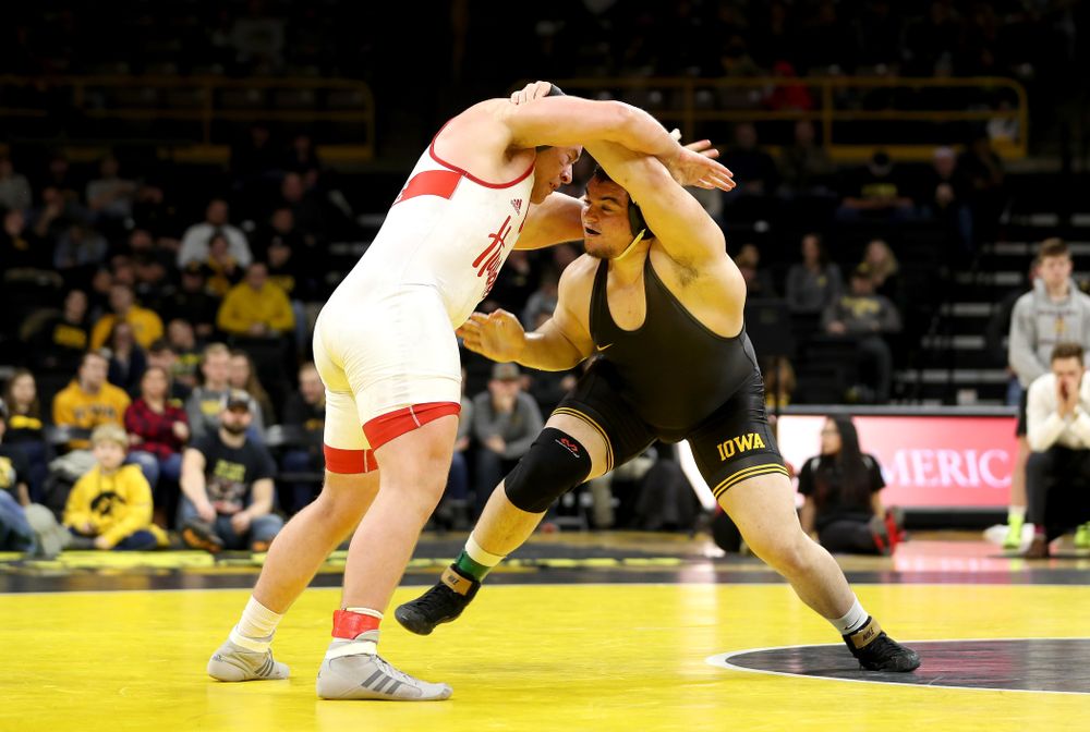 Iowa’s Tony Cassioppi wrestles Nebraska’s Christian Lance at heavyweight Saturday, January 18, 2020 at Carver-Hawkeye Arena. Cassioppi won the match 6-1. (Brian Ray/hawkeyesports.com)