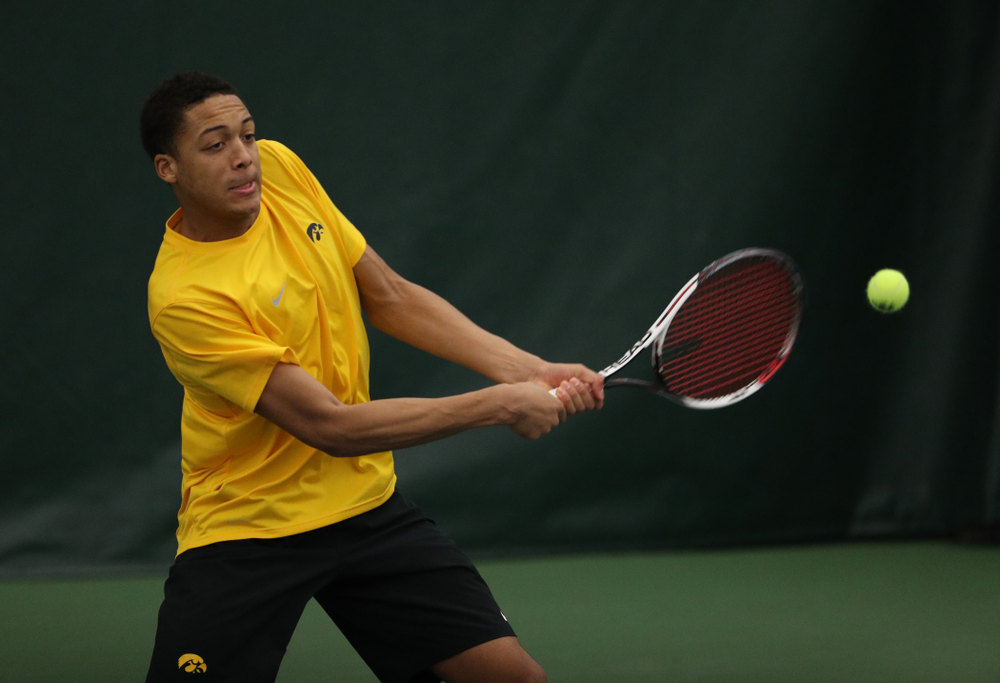 Oliver Okonkwo against the Butler Bulldogs Sunday, January 27, 2019 at the Hawkeye Tennis and Recreation Complex. (Brian Ray/hawkeyesports.com)
