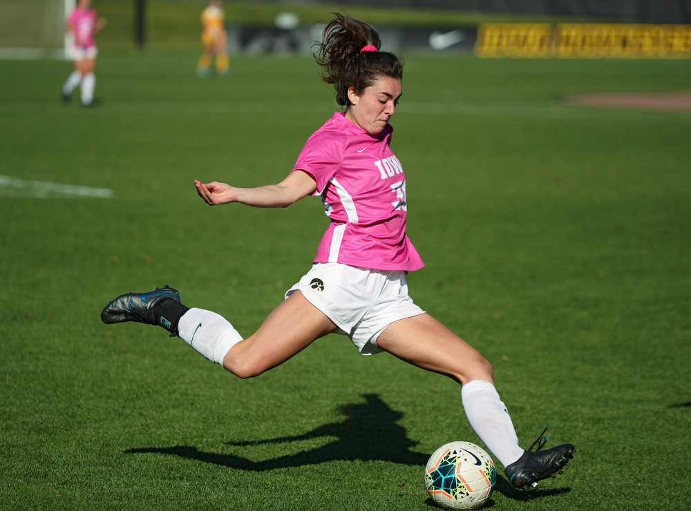Iowa forward Devin Burns (30) lines up a shot during the first overtime of their match at the Iowa Soccer Complex in Iowa City on Sunday, Oct 27, 2019. (Stephen Mally/hawkeyesports.com)