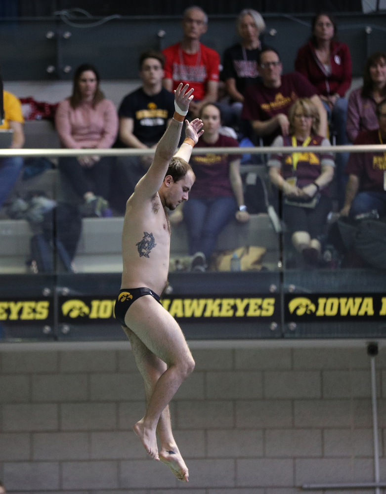 Iowa's Anton Hoherz competes on the 1-meter springboard during the 2019 Big Ten Swimming and Diving Championships Thursday, February 28, 2019 at the Campus Wellness and Recreation Center. (Brian Ray/hawkeyesports.com)
