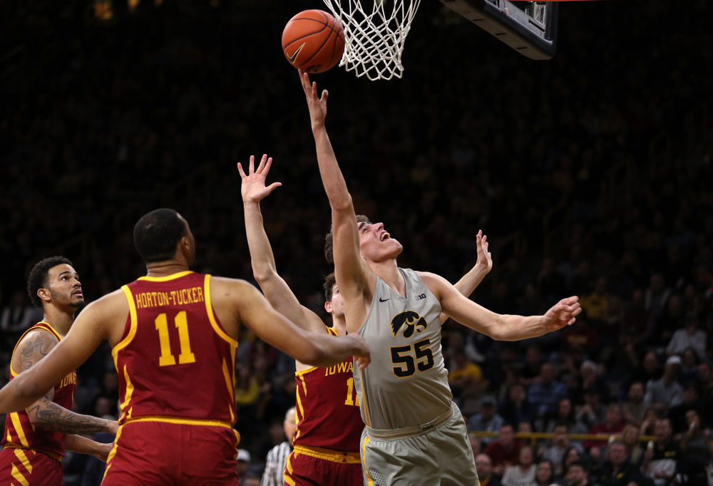 Iowa Hawkeyes forward Luka Garza (55) against the Iowa State Cyclones in the Iowa Corn Cy-Hawk Series Thursday, December 6, 2018 at Carver-Hawkeye Arena. (Brian Ray/hawkeyesports.com)