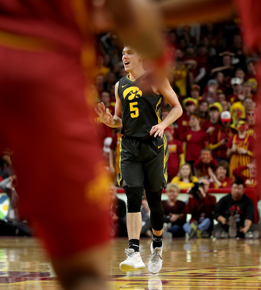 Iowa Hawkeyes guard CJ Fredrick (5) celebrates a three point basket against the Iowa State Cyclones Thursday, December 12, 2019 at Hilton Coliseum in Ames, Iowa(Brian Ray/hawkeyesports.com)