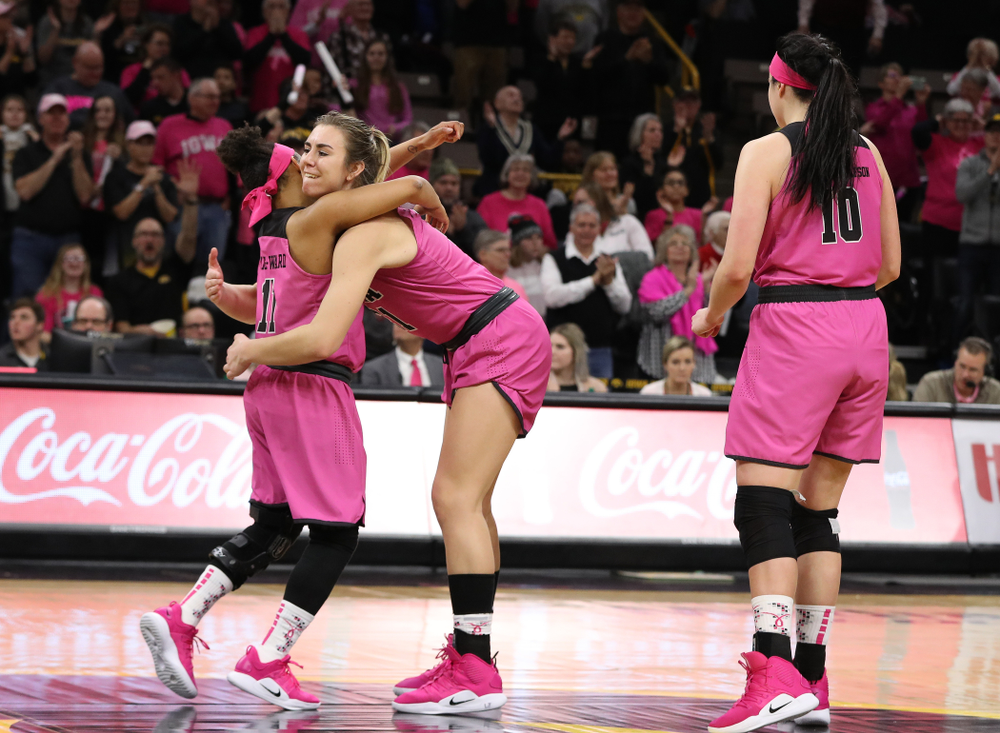Iowa Hawkeyes guard Tania Davis (11) and forward Hannah Stewart (21) against the seventh ranked Maryland Terrapins Sunday, February 17, 2019 at Carver-Hawkeye Arena. (Brian Ray/hawkeyesports.com)