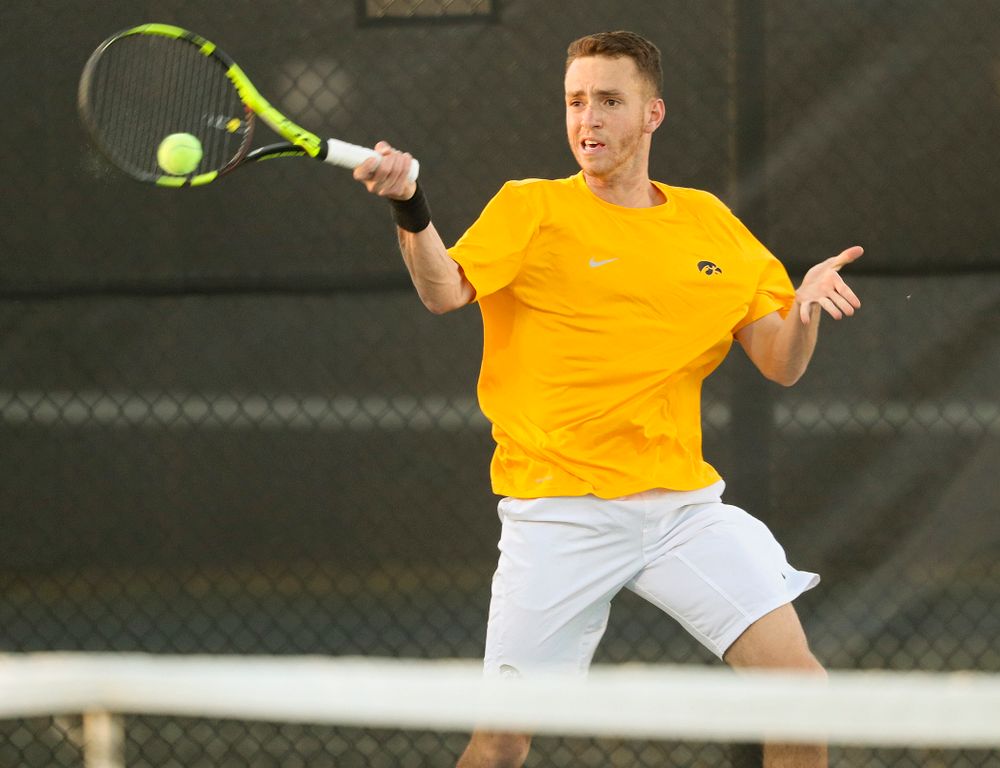 Iowa's Kareem Allaf during his match again Michigan State at the Hawkeye Tennis and Recreation Complex in Iowa City on Friday, Apr. 19, 2019. (Stephen Mally/hawkeyesports.com)