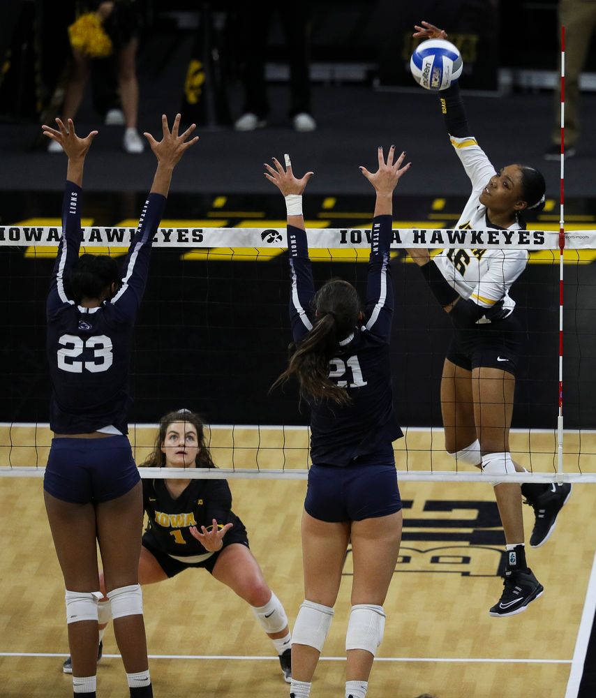 Iowa Hawkeyes outside hitter Taylor Louis (16) spikes the ball during a match against Penn State at Carver-Hawkeye Arena on November 3, 2018. (Tork Mason/hawkeyesports.com)