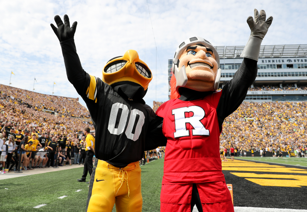 Herky and Scarlet Knight wave to the University of Iowa Stead Family Children's Hospital between the first and second quarter of their Big Ten Conference football game at Kinnick Stadium in Iowa City on Saturday, Sep 7, 2019. (Stephen Mally/hawkeyesports.com)