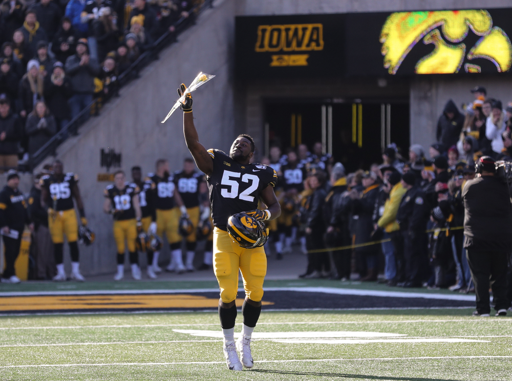 Iowa Hawkeyes linebacker Amani Jones (52) during Senior Day festivities before their game against the Illinois Fighting Illini Saturday, November 23, 2019 at Kinnick Stadium. (Brian Ray/hawkeyesports.com)