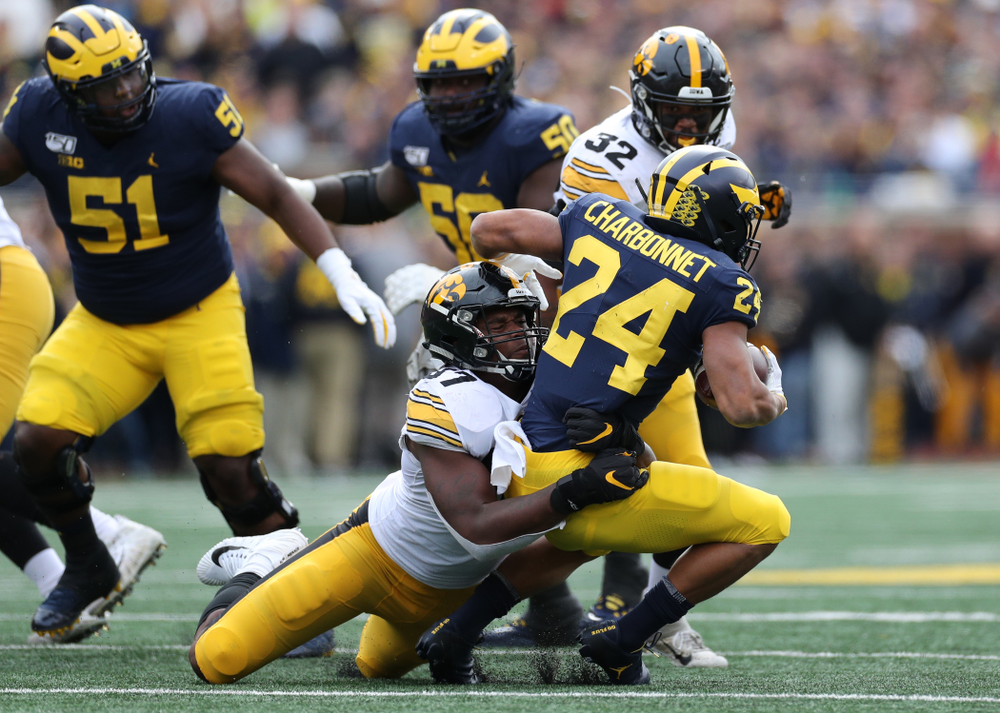 Iowa Hawkeyes defensive end Chauncey Golston (57) against the Michigan Wolverines Saturday, October 5, 2019 at Michigan Stadium in Ann Arbor, MI. (Brian Ray/hawkeyesports.com)