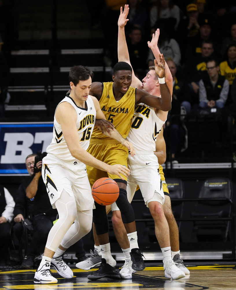 Iowa Hawkeyes forward Ryan Kriener (15) grabs a rebound during a game against Alabama State at Carver-Hawkeye Arena on November 21, 2018. (Tork Mason/hawkeyesports.com)