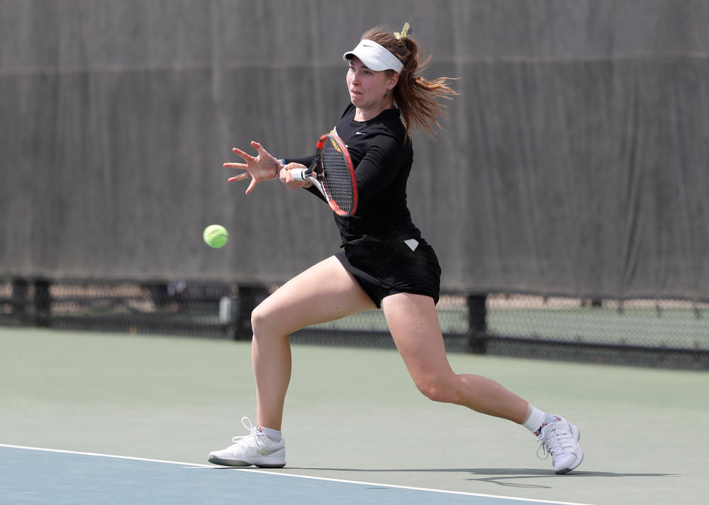 Iowa's Anastasia Reimchen against the Wisconsin Badgers Sunday, April 22, 2018 at the Hawkeye Tennis and Recreation Center. (Brian Ray/hawkeyesports.com)