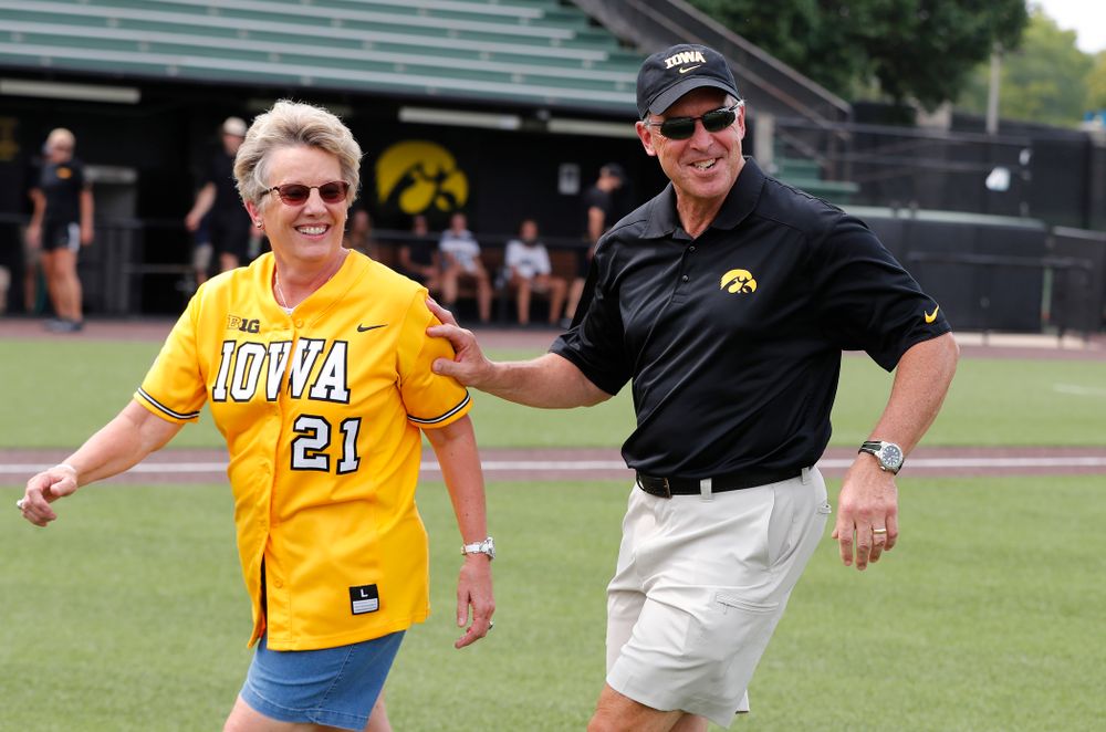 Director of Athletics Gary Barta and Deputy Director of Athletics Barbara Burke during the Iowa Student Athlete Kickoff Kickball game Sunday, August 19, 2018 at Duane Banks Field. (Brian Ray/hawkeyesports.com)