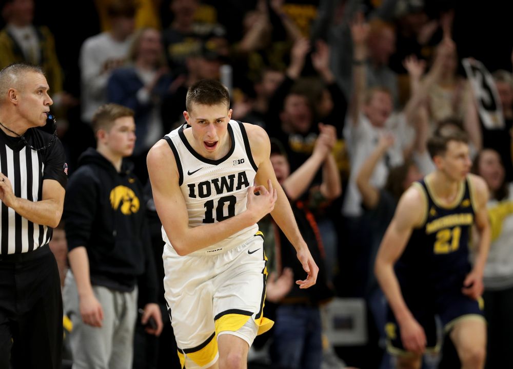 Iowa Hawkeyes guard Joe Wieskamp (10) celebrates a three point basket gainst the Michigan Wolverines Friday, January 17, 2020 at Carver-Hawkeye Arena. (Brian Ray/hawkeyesports.com)
