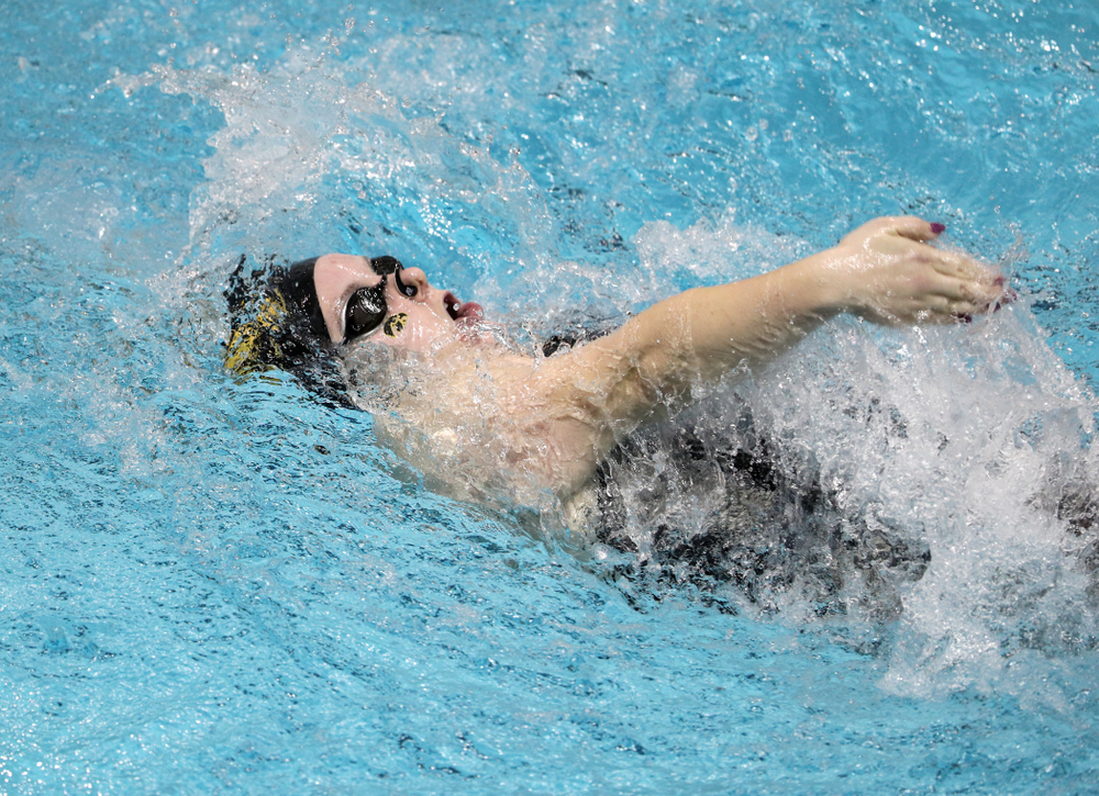 Iowa's Natalie McGovern swims the 100-yard backstroke against the Iowa State Cyclones in the Iowa Corn Cy-Hawk Series Friday, December 7, 2018 at at the Campus Recreation and Wellness Center. (Brian Ray/hawkeyesports.com)