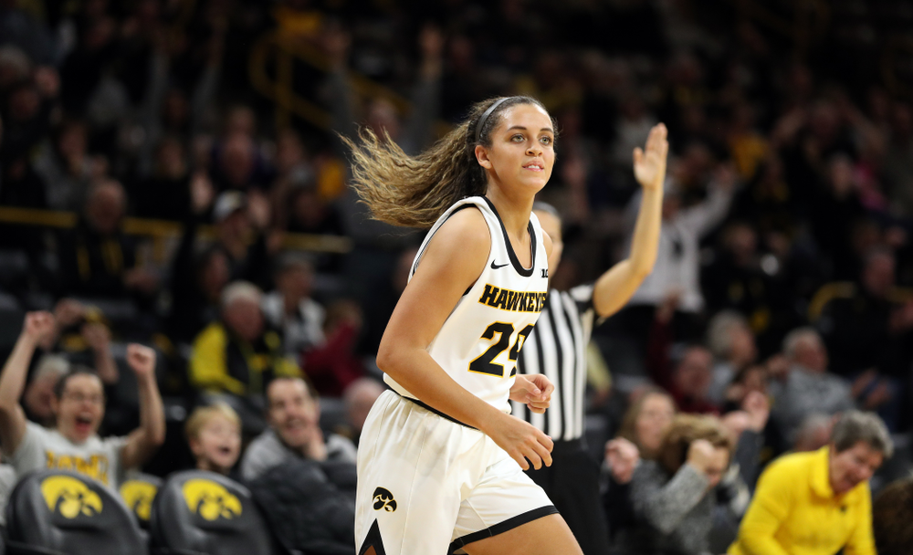 Iowa Hawkeyes guard Gabbie Marshall (24) knocks down a three point basket against North Alabama Thursday, November 14, 2019 at Carver-Hawkeye Arena. (Brian Ray/hawkeyesports.com)