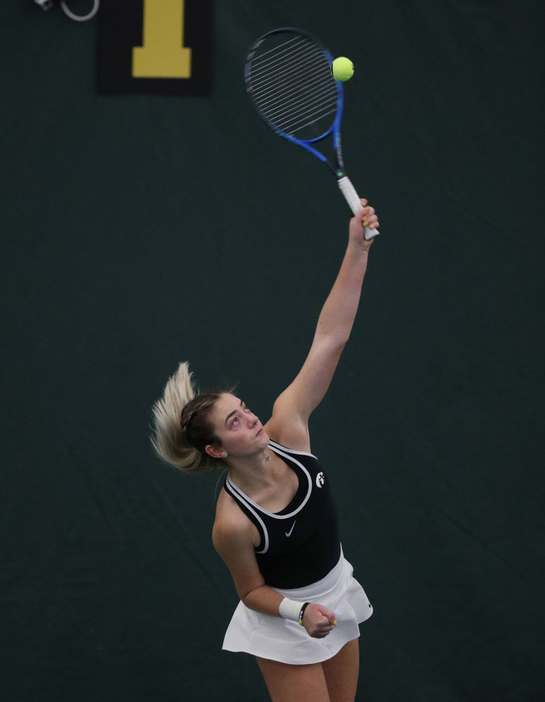 Iowa's Sophie Clark during a doubles match against North Texas Sunday, January 20, 2019 at the Hawkeye Tennis and Recreation Center. (Brian Ray/hawkeyesports.com)