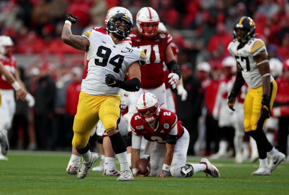 Iowa Hawkeyes defensive end A.J. Epenesa (94) against the Nebraska Cornhuskers Friday, November 29, 2019 at Memorial Stadium in Lincoln, Neb. (Brian Ray/hawkeyesports.com)