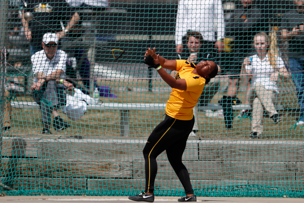 Iowa's Nia Britt competes in the hammer throw during the 2018 MUSCO Twilight Invitational Thursday, April 12, 2018 at the Cretzmeyer Track. (Brian Ray/hawkeyesports.com)
