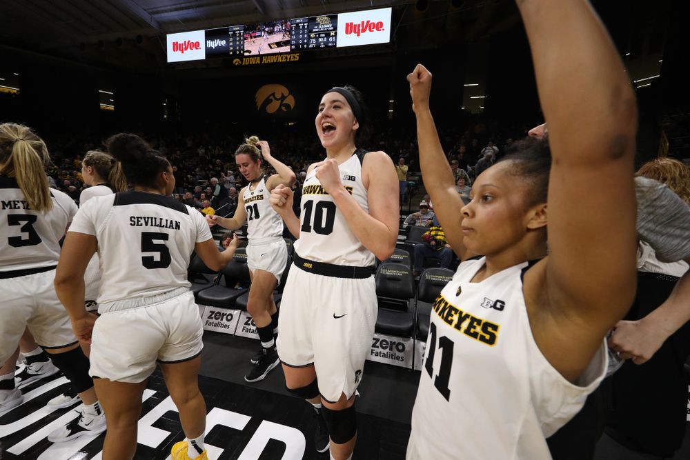 Iowa Hawkeyes forward Megan Gustafson (10) and guard Tania Davis (11) against the Michigan Wolverines Thursday, January 17, 2019 at Carver-Hawkeye Arena. (Brian Ray/hawkeyesports.com)