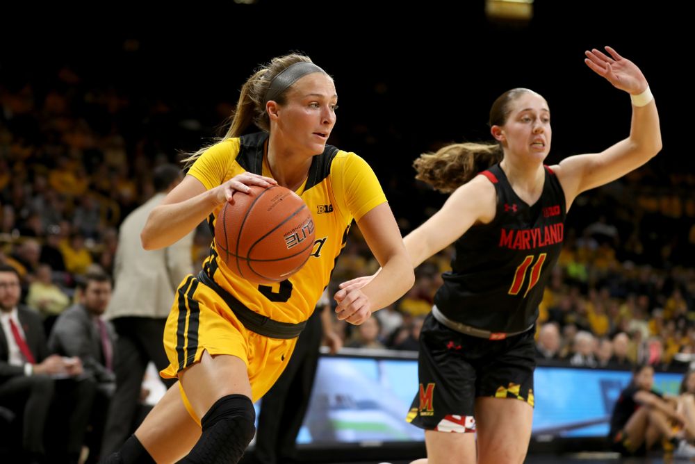 Iowa Hawkeyes guard Makenzie Meyer (3) against the Maryland Terrapins Thursday, January 9, 2020 at Carver-Hawkeye Arena. (Brian Ray/hawkeyesports.com)
